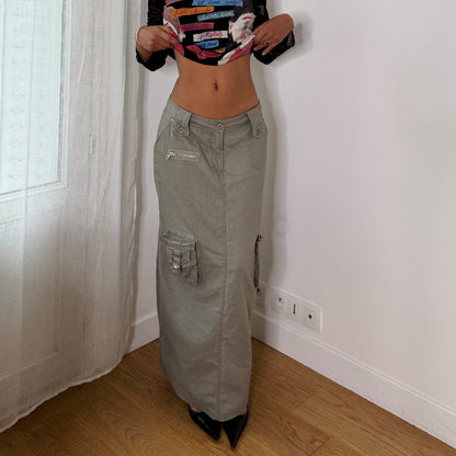 Italian vintage Y2K sage grey linen & cotton cargo maxi skirt with utility pockets & low-rise waist