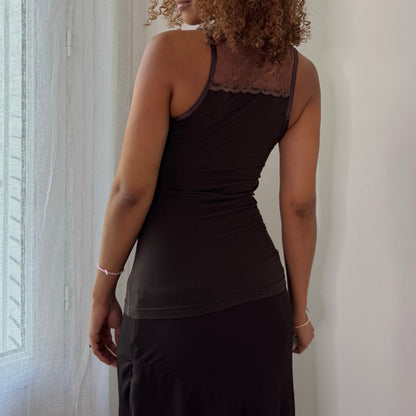 Vintage Brown Embellished Dragonfly Tank Top Lace Back Y2K (S)