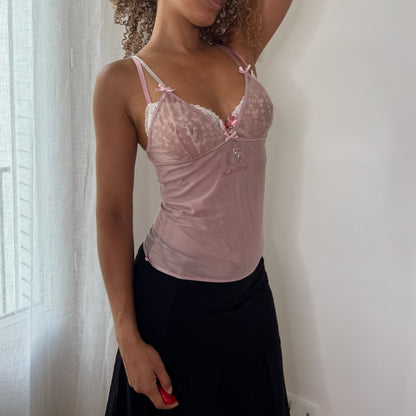 Vintage Hello Kitty Pink Mesh Rhinestone Cami Top Y2K (S)