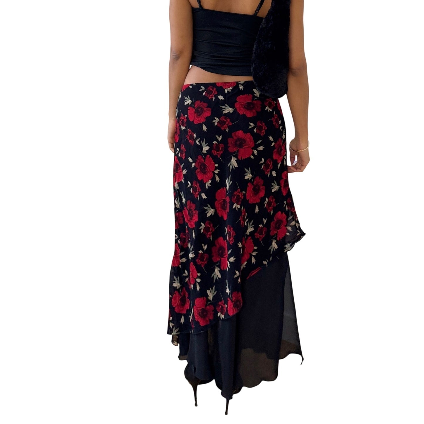 Vintage Italian Black Red Rose Mesh Midi Skirt Asymmetrical Sheer Hem (S)