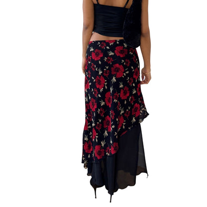 Vintage Italian Black Red Rose Mesh Midi Skirt Asymmetrical Sheer Hem (S)