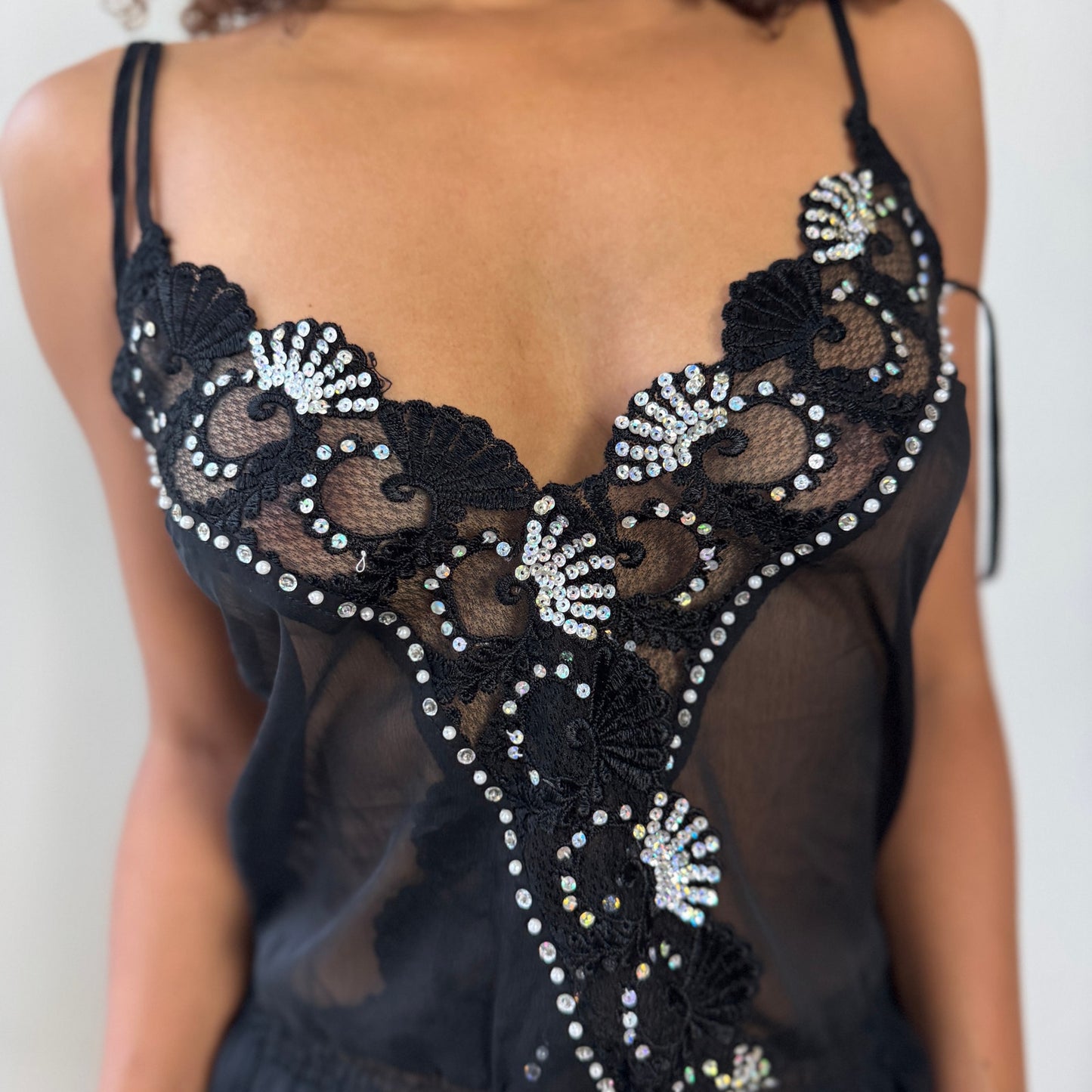 Vintage Italian Black Sheer Mesh Sequin Floral Beaded Cami Top (S/M)