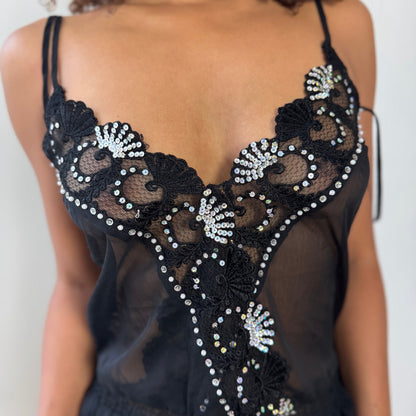 Vintage Italian Black Sheer Mesh Sequin Floral Beaded Cami Top (S/M)