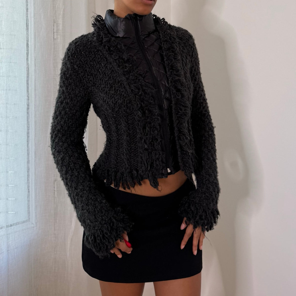 Italian vintage Y2K charcoal grey textured wool blend zip-up jacket with quilted panels and high collar