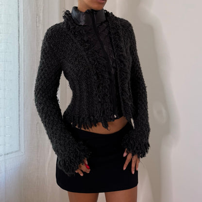 Italian vintage Y2K charcoal grey textured wool blend zip-up jacket with quilted panels and high collar