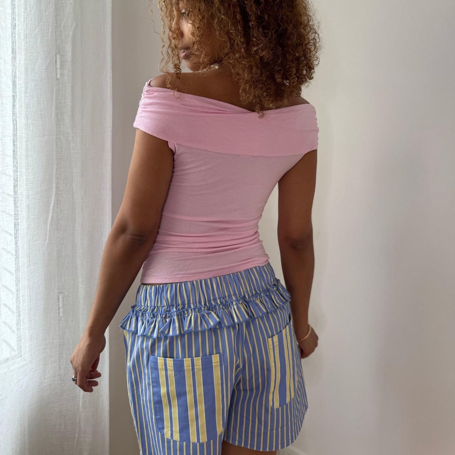 Vintage Pink Ruched Off Shoulder Top Slinky French Y2K (S)