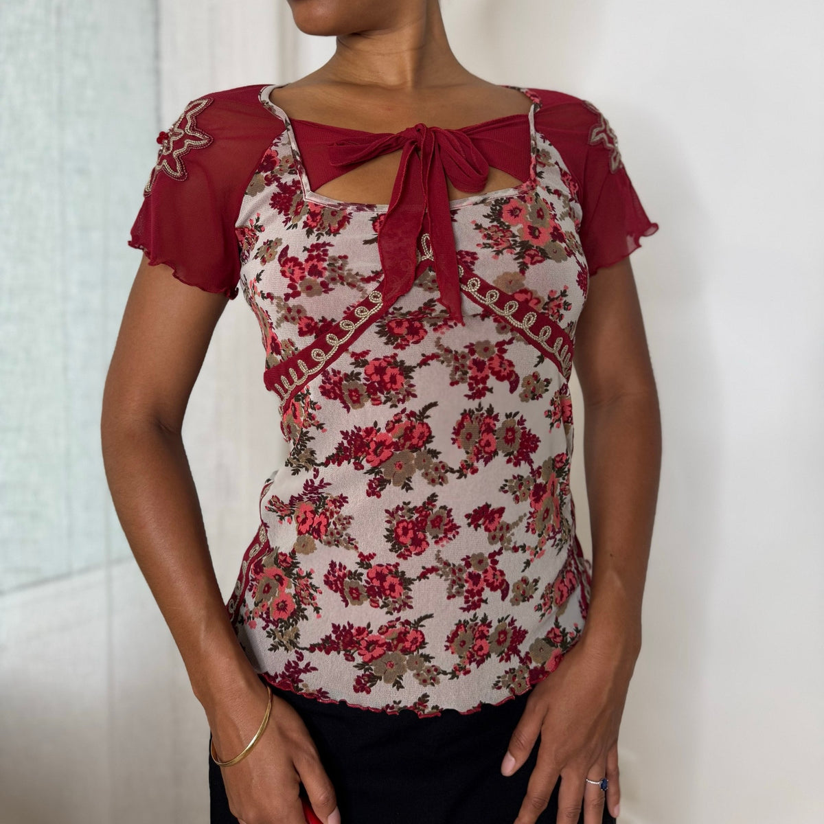 Italian vintage Y2K burgundy floral mesh top with beaded embroidered sleeves and tie-front neckline