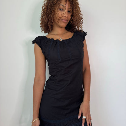Vintage Black Cotton Midi Dress Ruffle Hem Peasant Y2K (S/M)