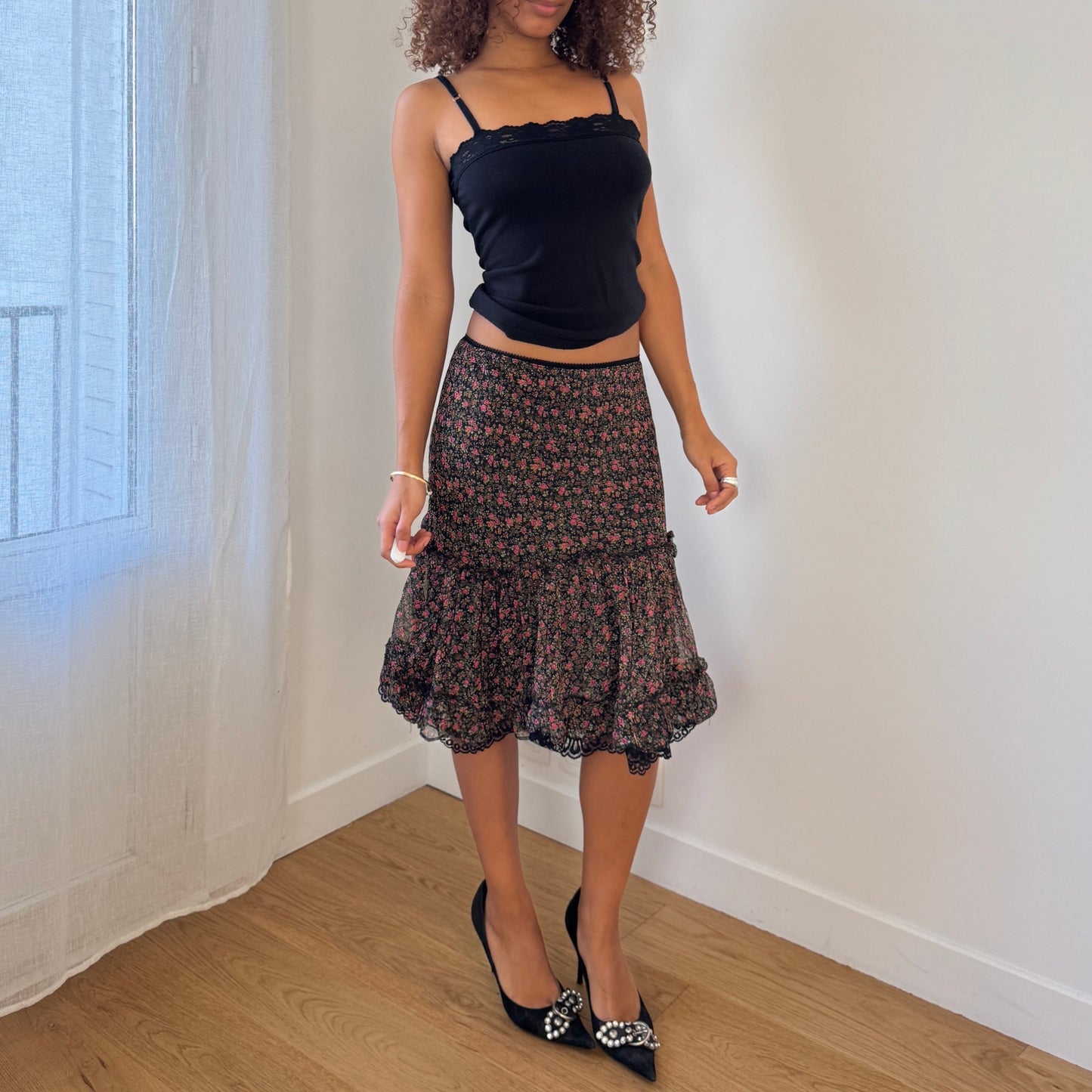 Vintage Italian silk floral ruffle skirt (Small)