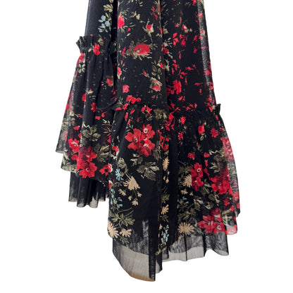Vintage Italian Black Red Floral Mesh Midi Skirt Tiered Ruffle Hem (S)