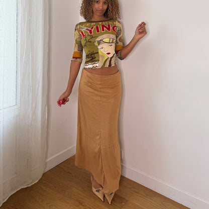 Euro vintage 00s olive green illustrated graphic top with lettering & retro aviator print
