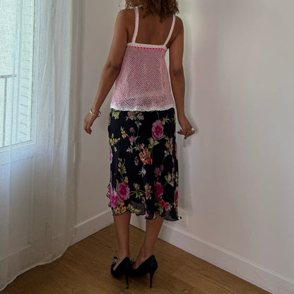 Vintage White Pink Crochet Knit Halter Top Open Front Floral Boho Y2K (S)