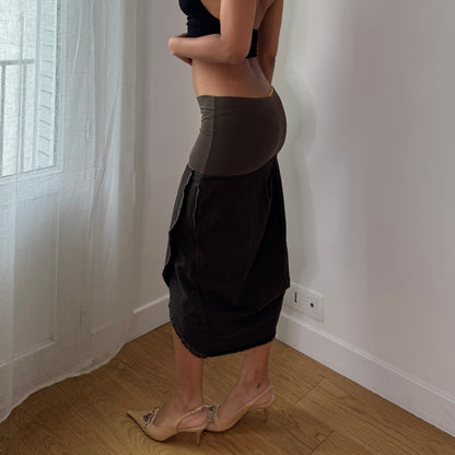 Vintage Olive Brown Asymmetrical Denim Midi Skirt Italian Y2K Avant Garde Skirt (S) ⠀