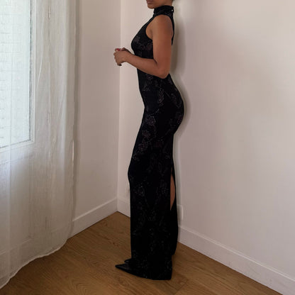 Italian vintage black floral print slinky maxi dress with high neck, open back & back slit