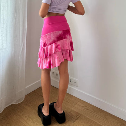 Vintage Pink Tie Dye Mesh Ruffle Mini Skirt Tiered Italian Y2K (S)