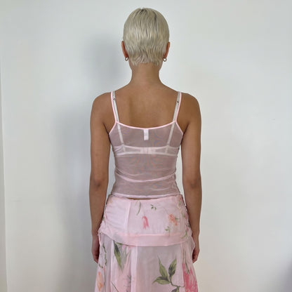 Vintage Blush Sheer Mesh Cami Pink Floral Lace Panel Tank Italy (S) ⠀