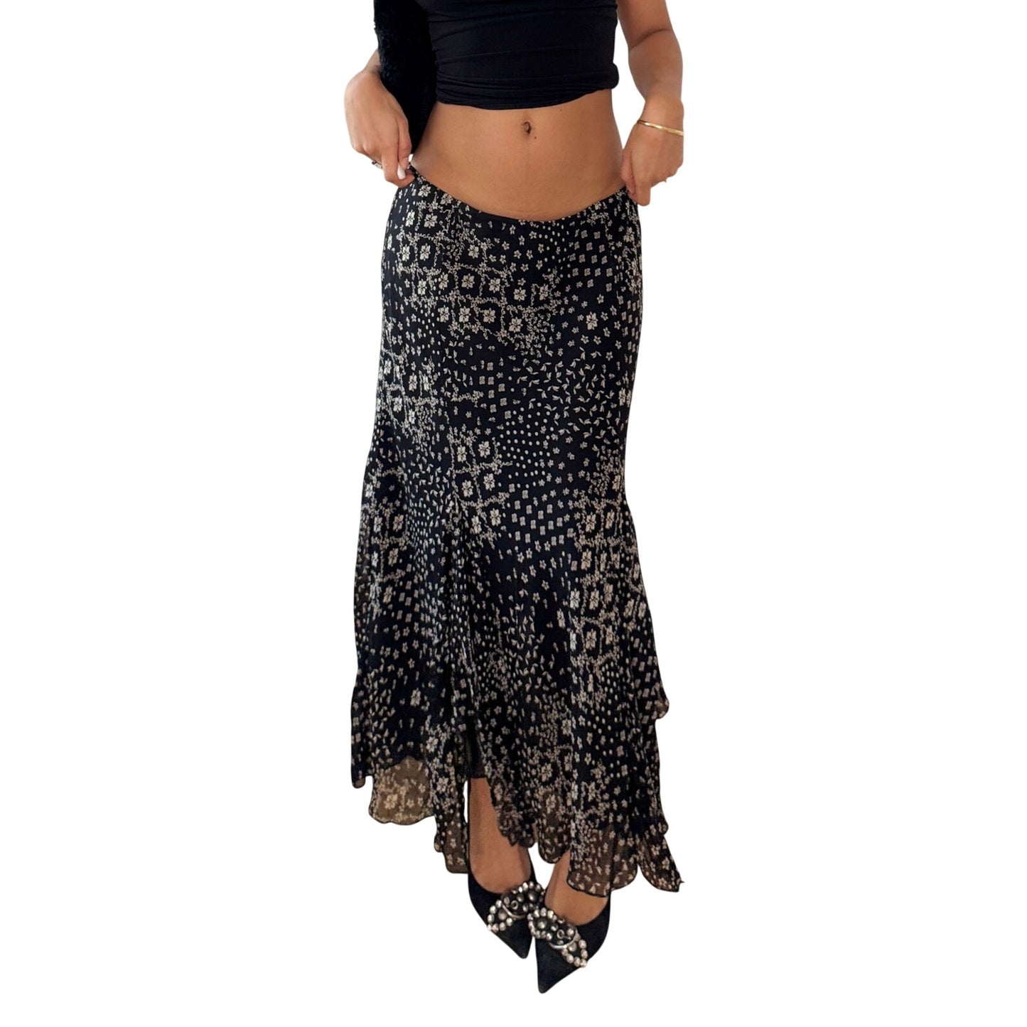 Vintage Italian Black White Floral Mesh Maxi Skirt Ruffle Hem (S/M)