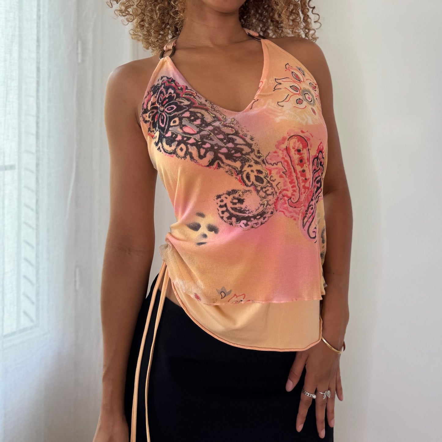 Vintage Peach Orange Pink Paisley Layered Mesh Halter Top Italian Y2K (S/M)
