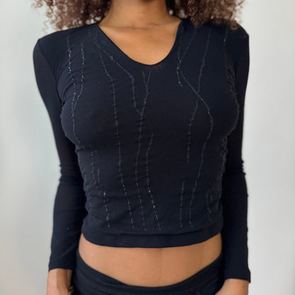 Italian Made Semi-Sheer Shimmer Mesh V-Neck Long-Sleeve Top (Small)