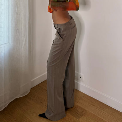 Italian Vintage Green Pinstripe Low Rise Wide Leg Trousers with Silver Ring Hardware