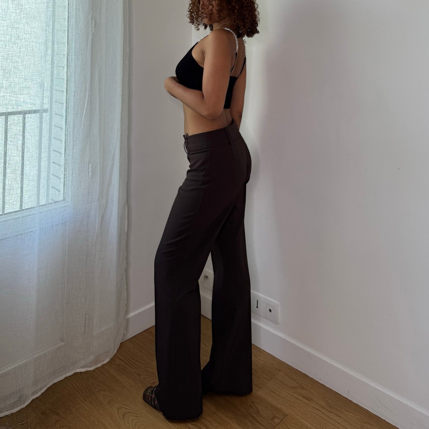 Vintage French Brown Bootcut Trousers Low Rise Y2K Pants (S)