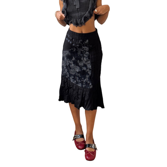 Vintage Euro black pleated midi skirt with printed floral panel (XS/S)