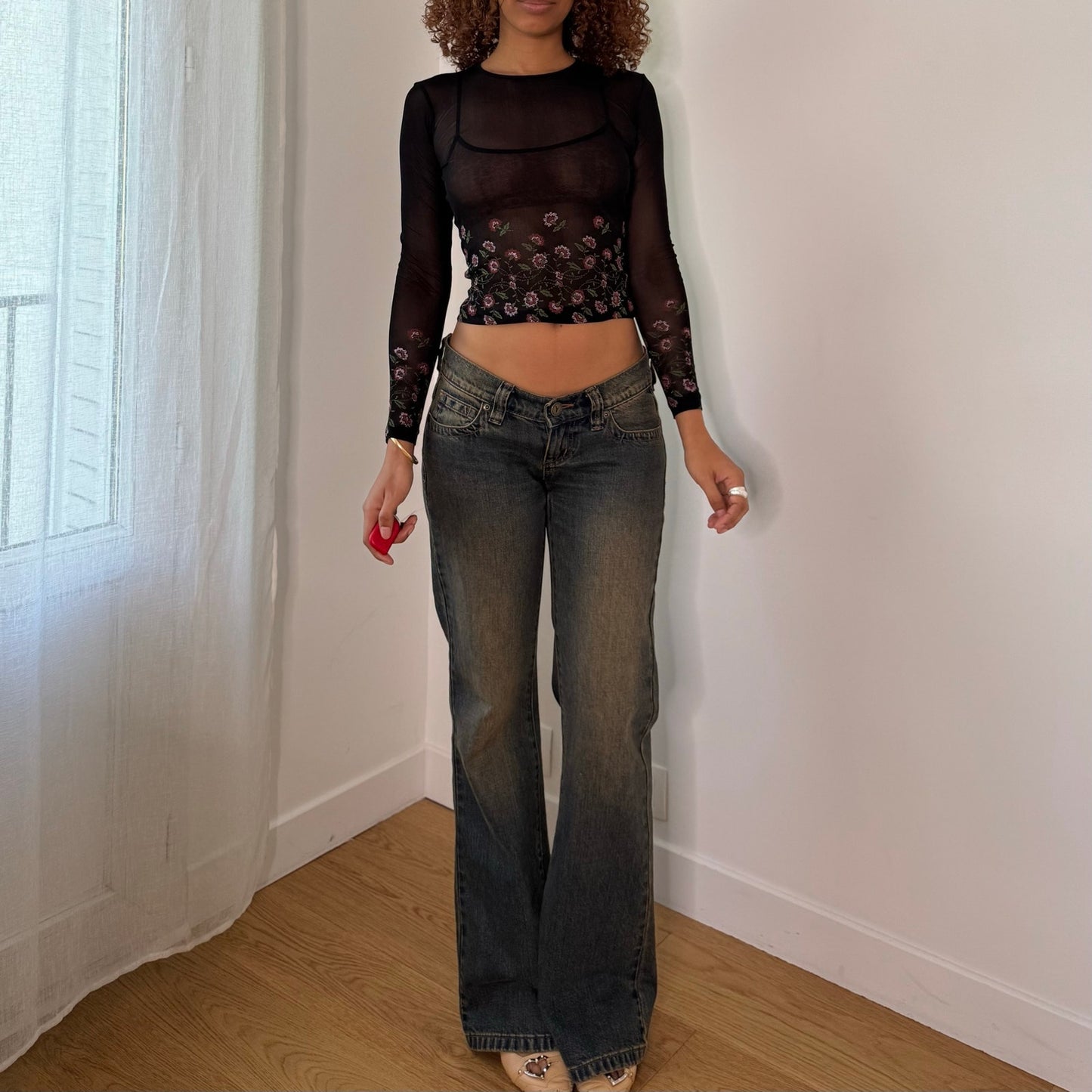 Vintage Black Pink Green Embroidered Floral Sheer Mesh Long Sleeve Top Italian Y2K (S)