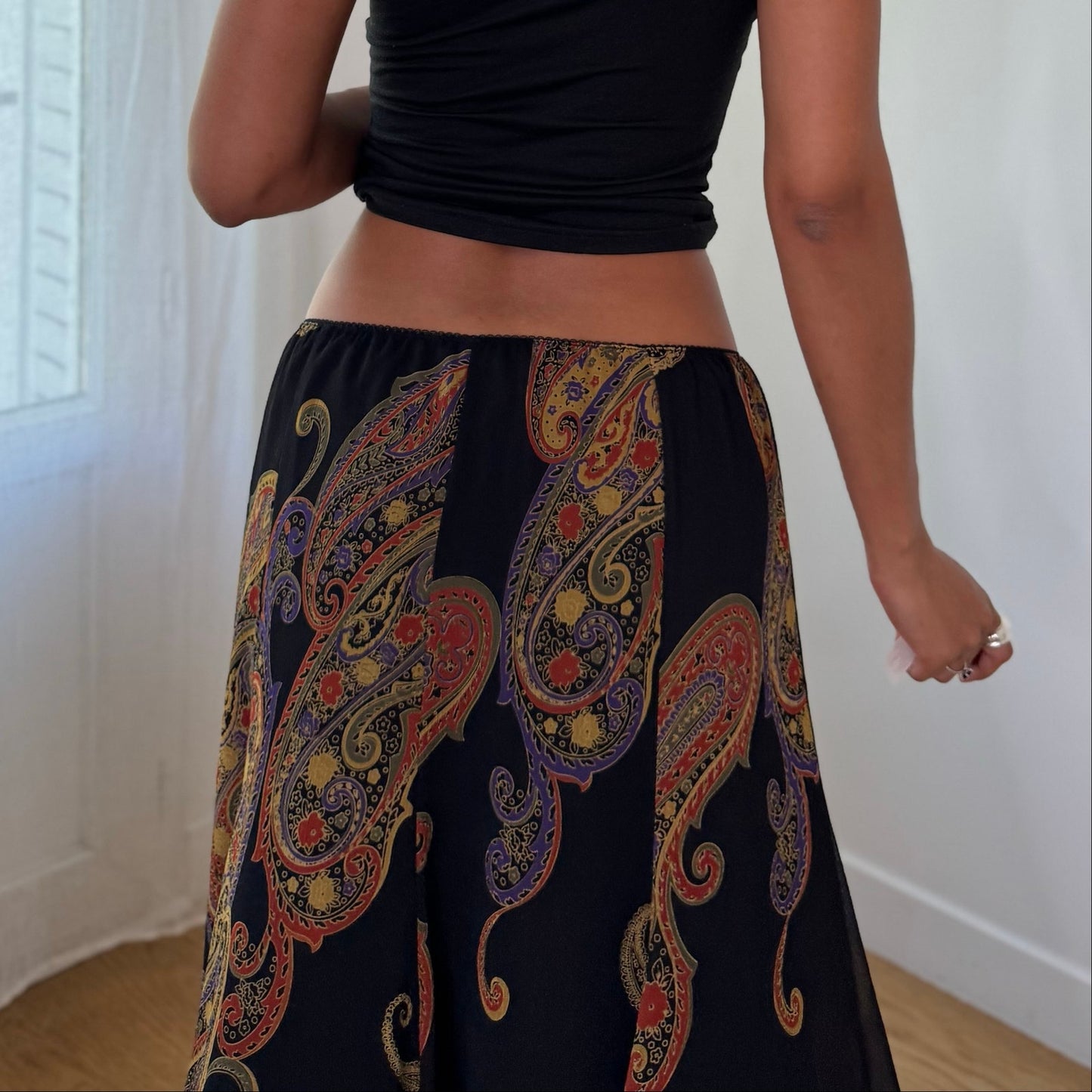 Vintage Black Paisley Mesh Midi Skirt Sheer Double Layer Italian Y2K (S)