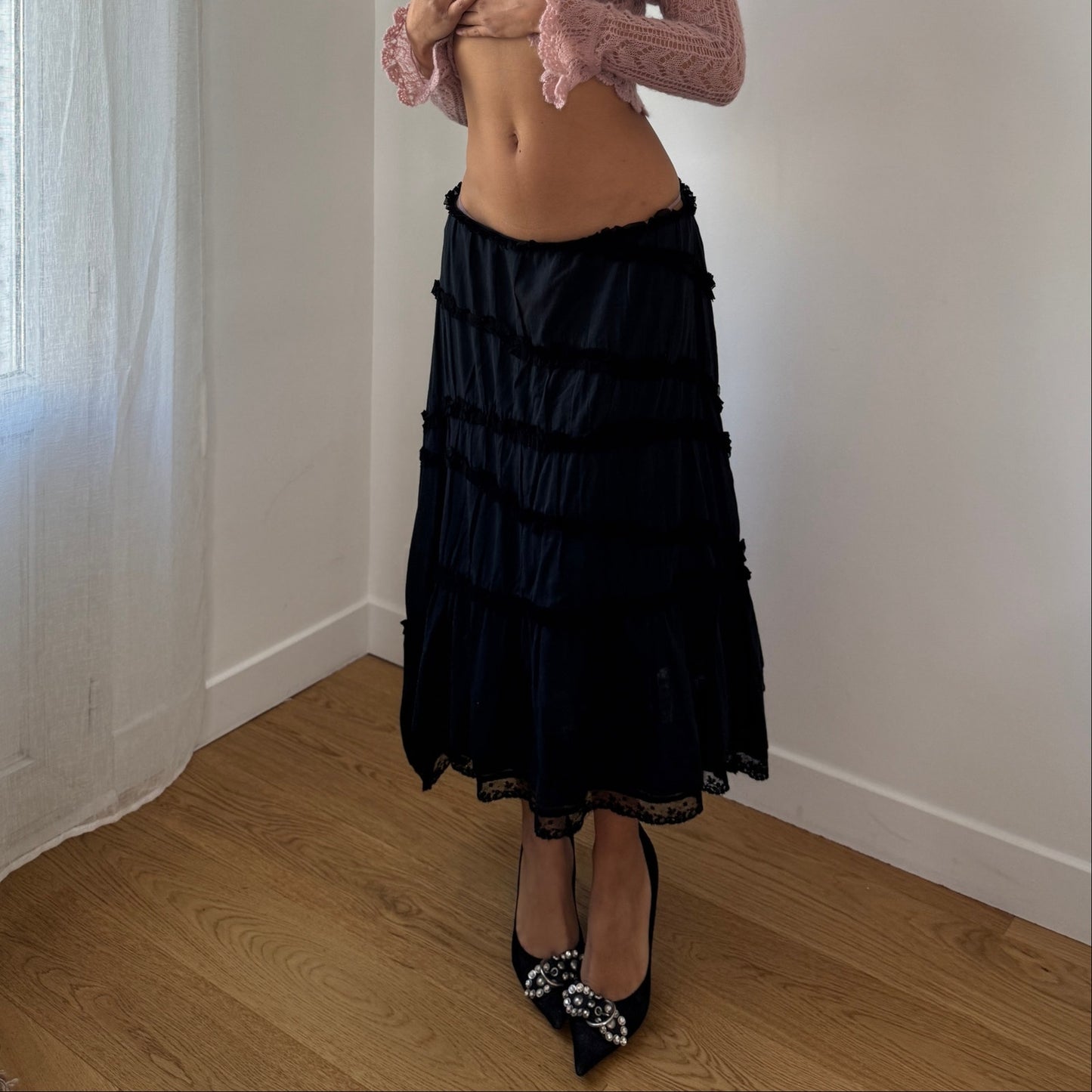 Vintage Italian Black Tiered Cotton Midi Skirt Lace Trim (S/M)