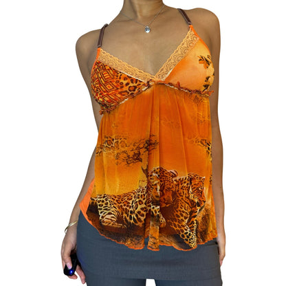 Vintage 00s Orange Cheetah graphic Micro Mesh Cami Tank (S)