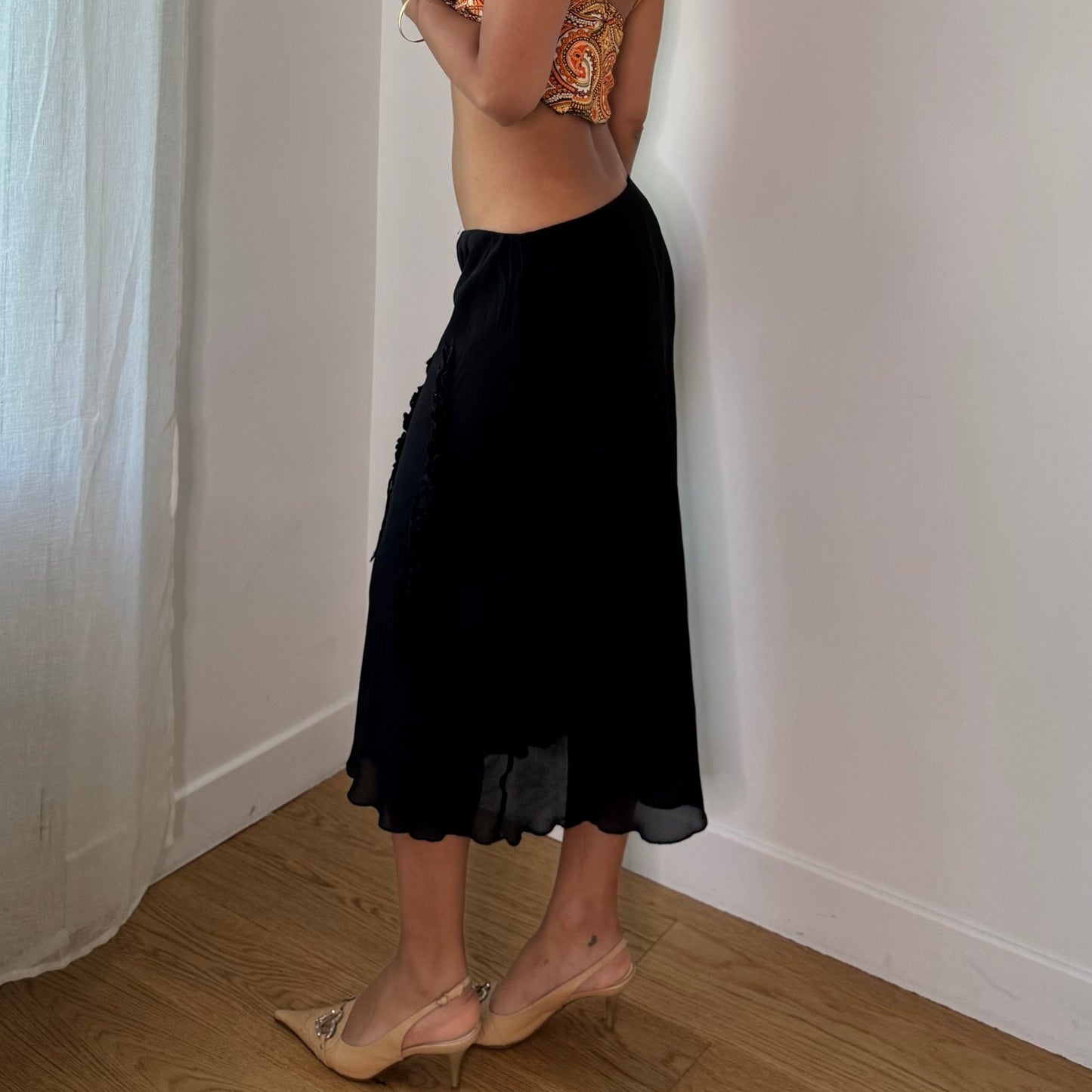 Vintage Black Mesh Midi Skirt Ruched Ribbon Detail Sheer Hem Italian Y2K (S)