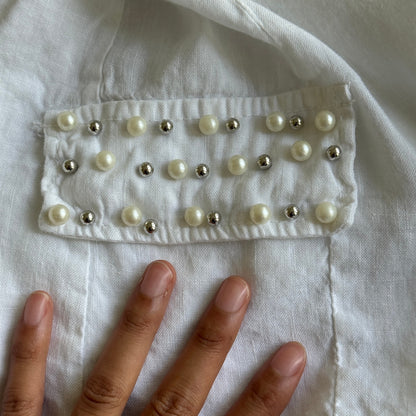 Vintage Euro White Linen Blazer with Pearl and Stud Detail (S)