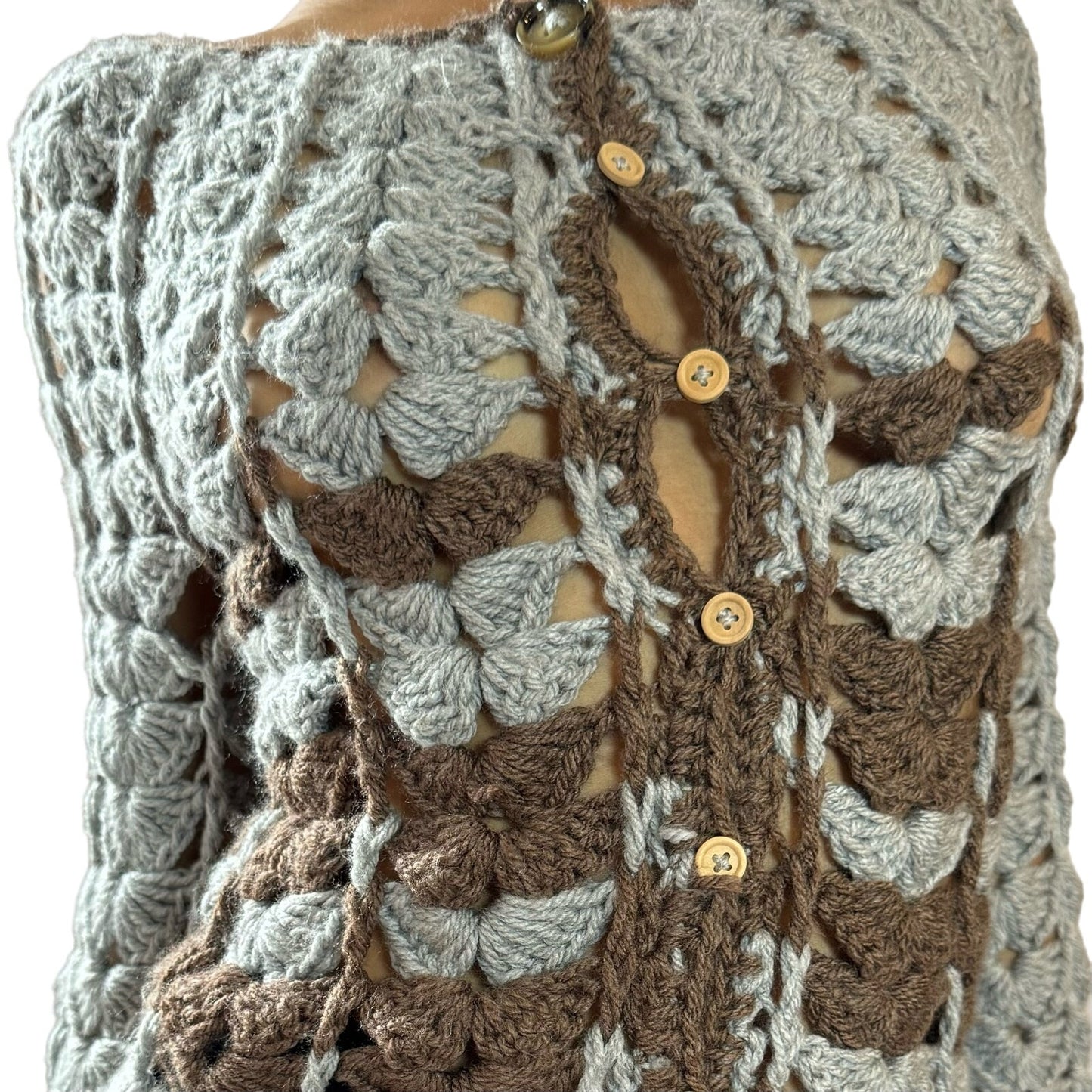 Vintage brown and gray sheer crochet knit coquette cardigan sweater (S) grunge