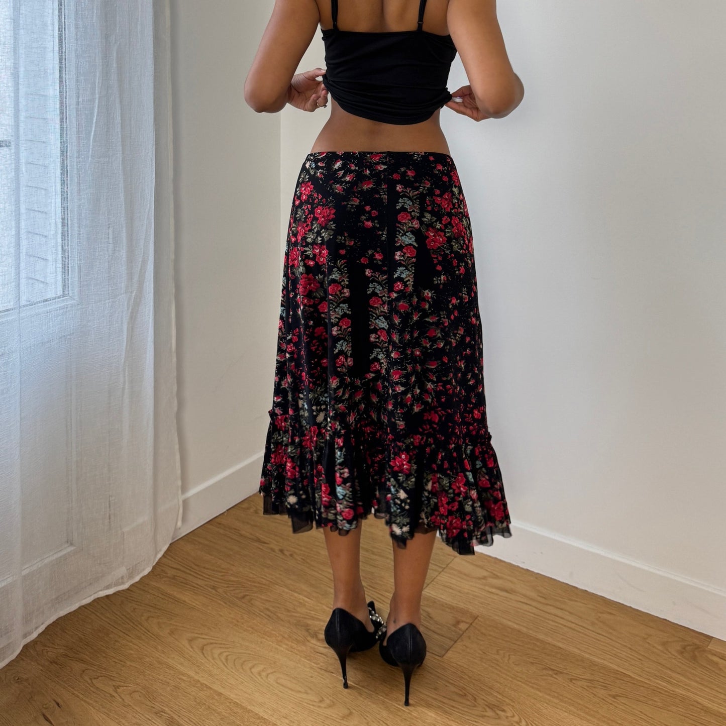 Vintage Italian Black Red Floral Mesh Midi Skirt Tiered Ruffle Hem (S)