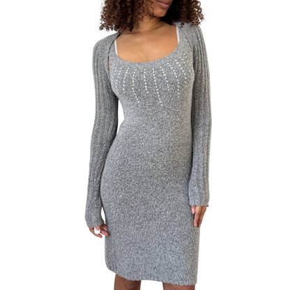 Italian vintage grey rhinestone embellished knit dress with matching bolero set (S)