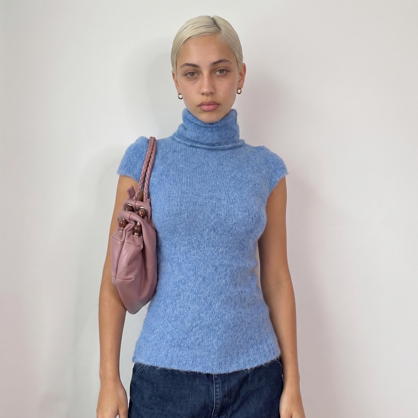 Vintage Blue Mohair Wool Blend Knit Top Cap Sleeve Turtleneck Italian (S/M)