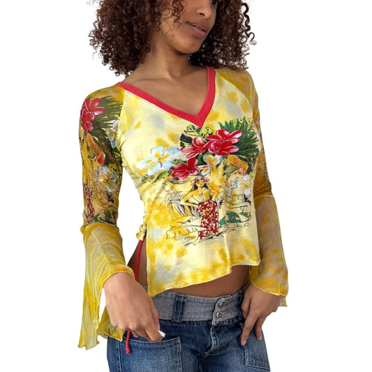 Vintage Tropical Graphic Sequin Top Bell Sleeve (S)