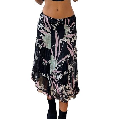 Vintage Italian black floral mesh midi skirt with abstract floral print (XS/S)