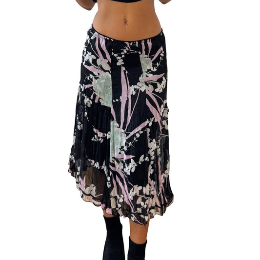 Vintage Italian black floral mesh midi skirt with abstract floral print (XS/S)