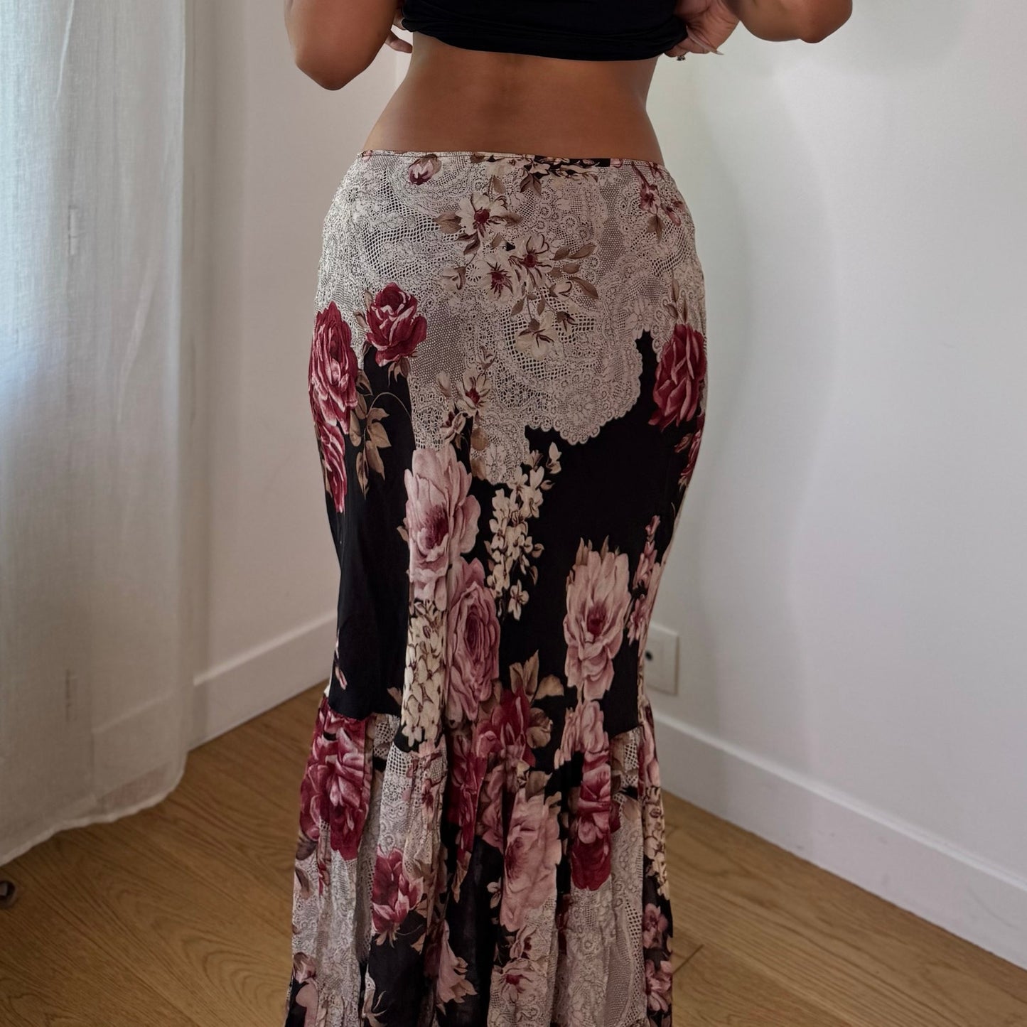 Vintage Black Dusty Pink Burgundy Rose Floral Mesh Maxi Skirt Euro Y2K (S)