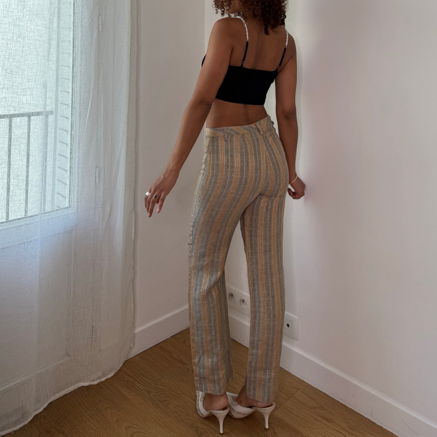 Vintage Italian Linen Metallic Stripe Trousers Y2K Cropped Pants (S)
