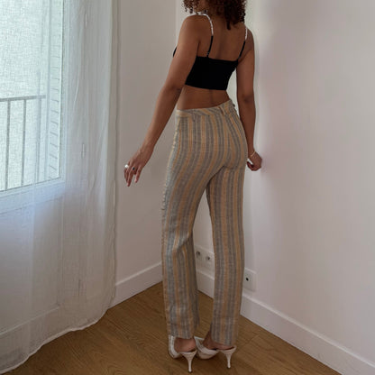 Vintage Italian Linen Metallic Stripe Trousers Y2K Cropped Pants (S)