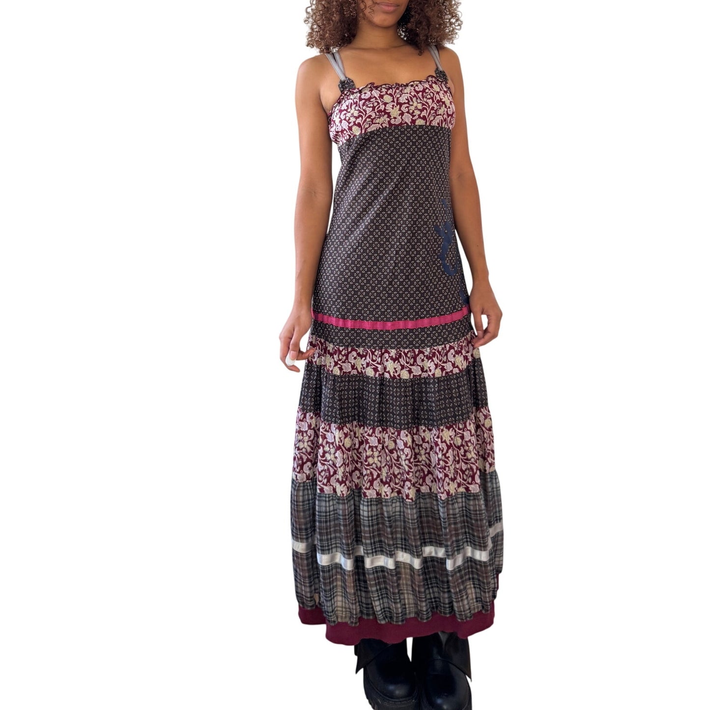 Vintage Cop Copine patchwork print cotton maxi dress with cross back (Small)