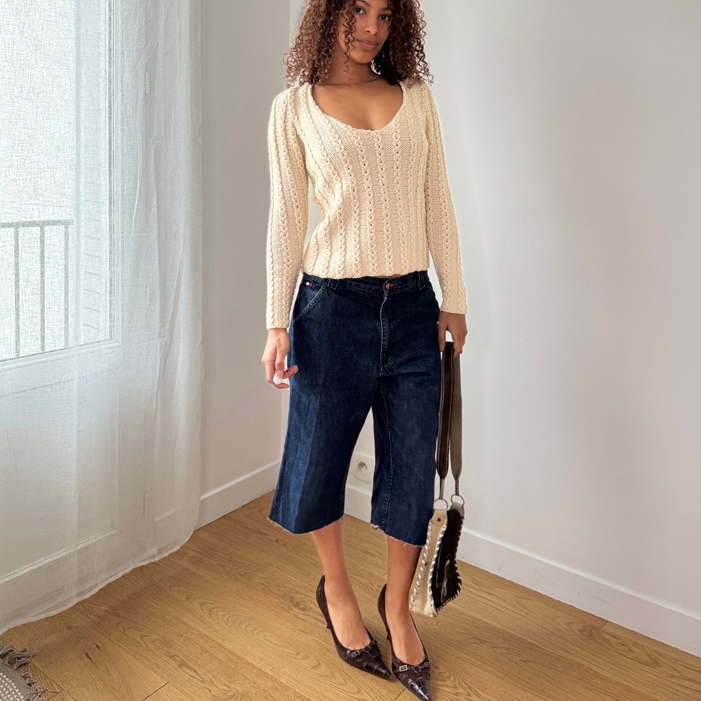 Vintage Italian Cream Cable Knit Sweater Fitted Stretch Knit (S)