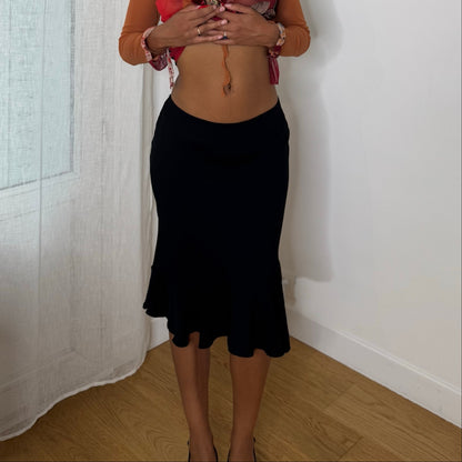 Italian vintage Y2K black low-rise midi skirt with flared ruffle hem