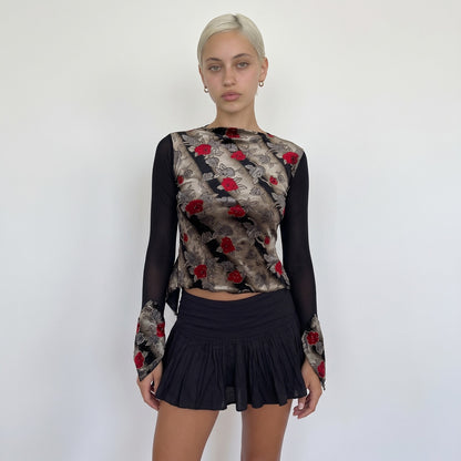 Vintage Italian Gold Red Brocade Mesh Top Floral Y2K (S)