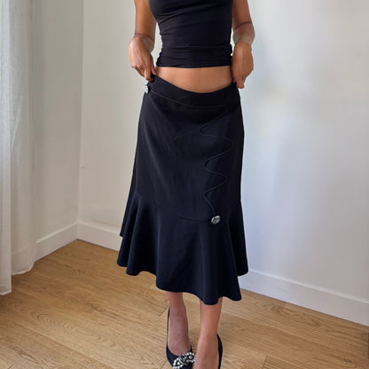 Vintage Black Asymmetrical Flounce-Hem Midi Skirt (S/M)