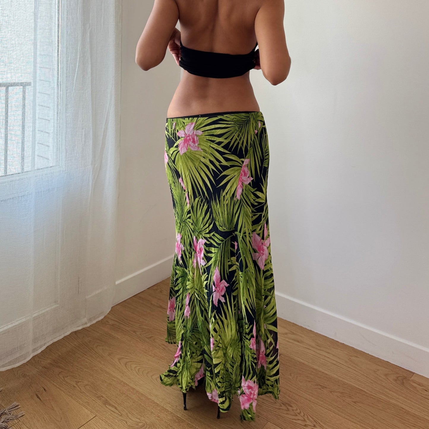 Vintage Italian Tropical Floral Mesh Maxi Skirt Green Pink Y2K (S)