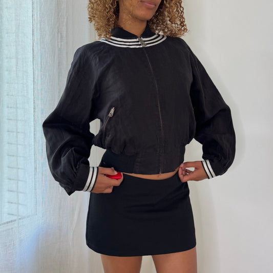 5 Preview Swedish Brand Black Linen Cropped Bomber Jacket with Striped Ribbed Collar & Cuffs