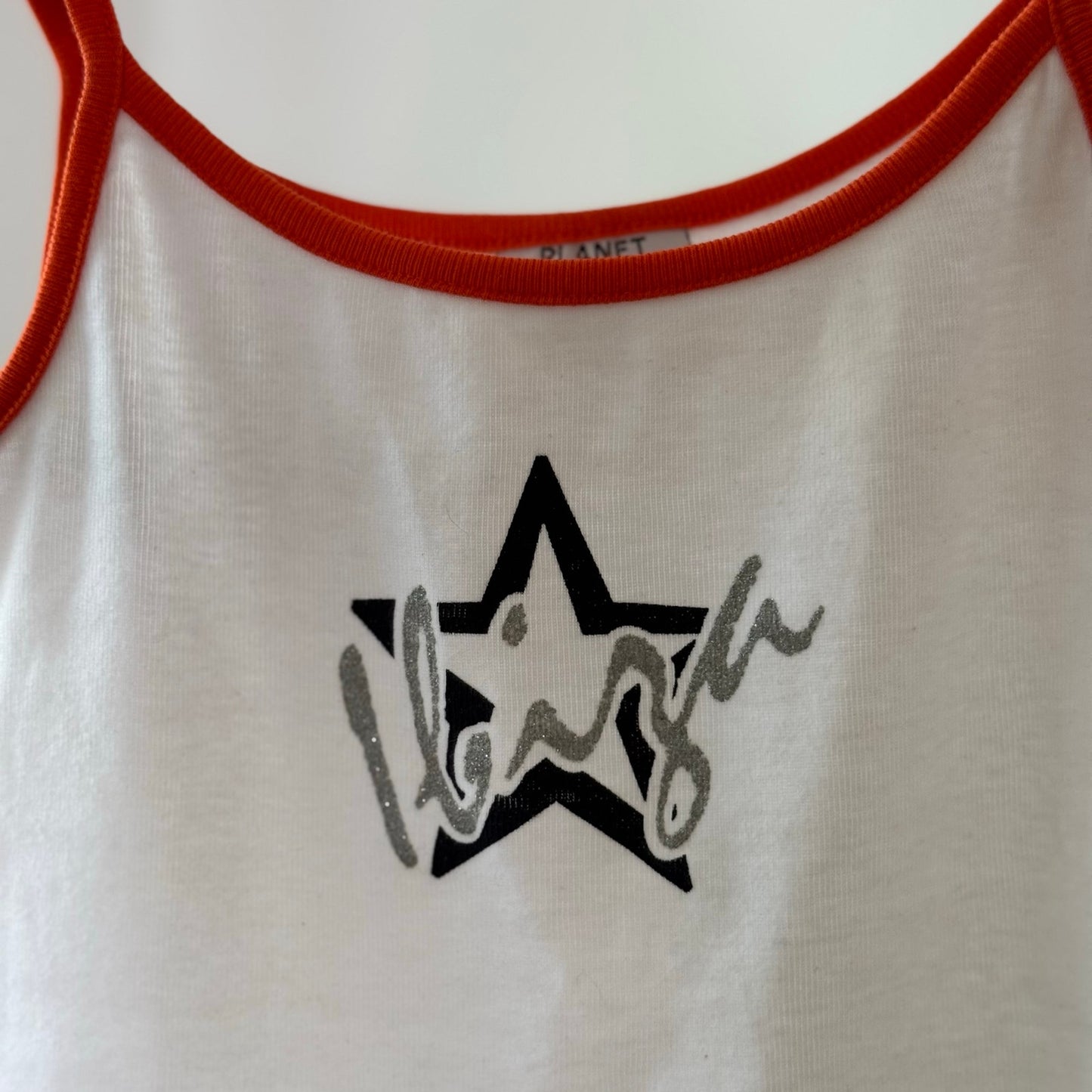 Vintage White Orange Star Graphic Glitter Cami Tank Top Made in Spain Y2K (S)